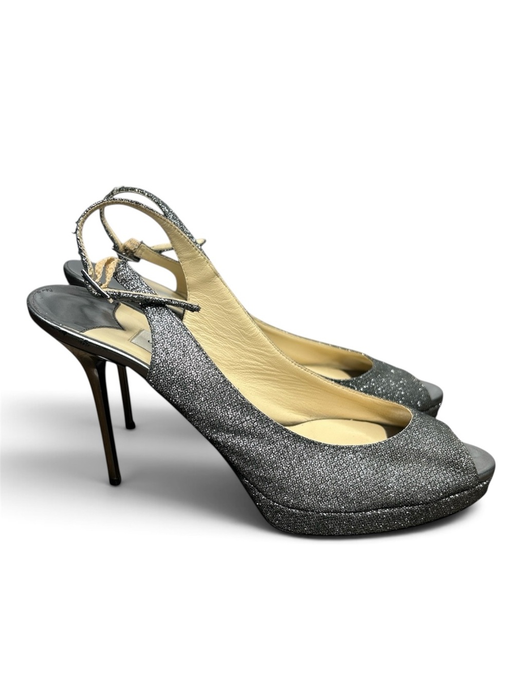 Jimmy Choo Nova Silver Anthracite Glitter Slingback Heels Peep Toe Stiletto 38